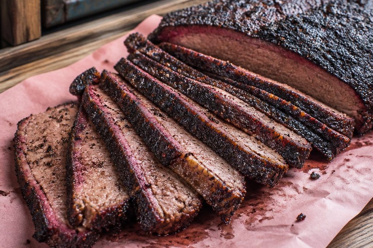 Sliced smoked brisket on butcher paper showing dark peppery bark and a deep pink smoke ring