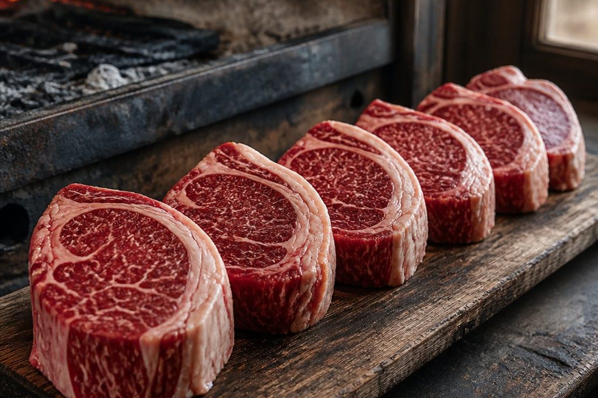 Six thick raw chuck eye steaks on a wooden board, each showing one large well-marbled eye of muscle