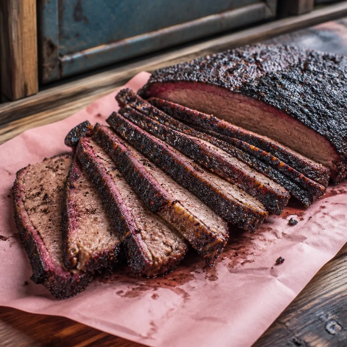 Sliced brisket on pink butcher paper, the smoke ring running along every slice