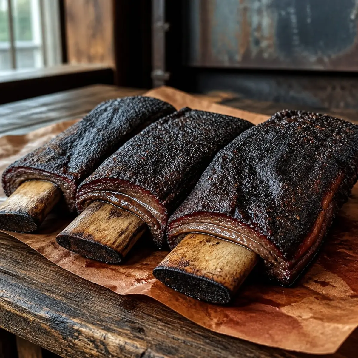 Three smoked beef plate ribs on butcher paper, bark black and the bones pulling clean
