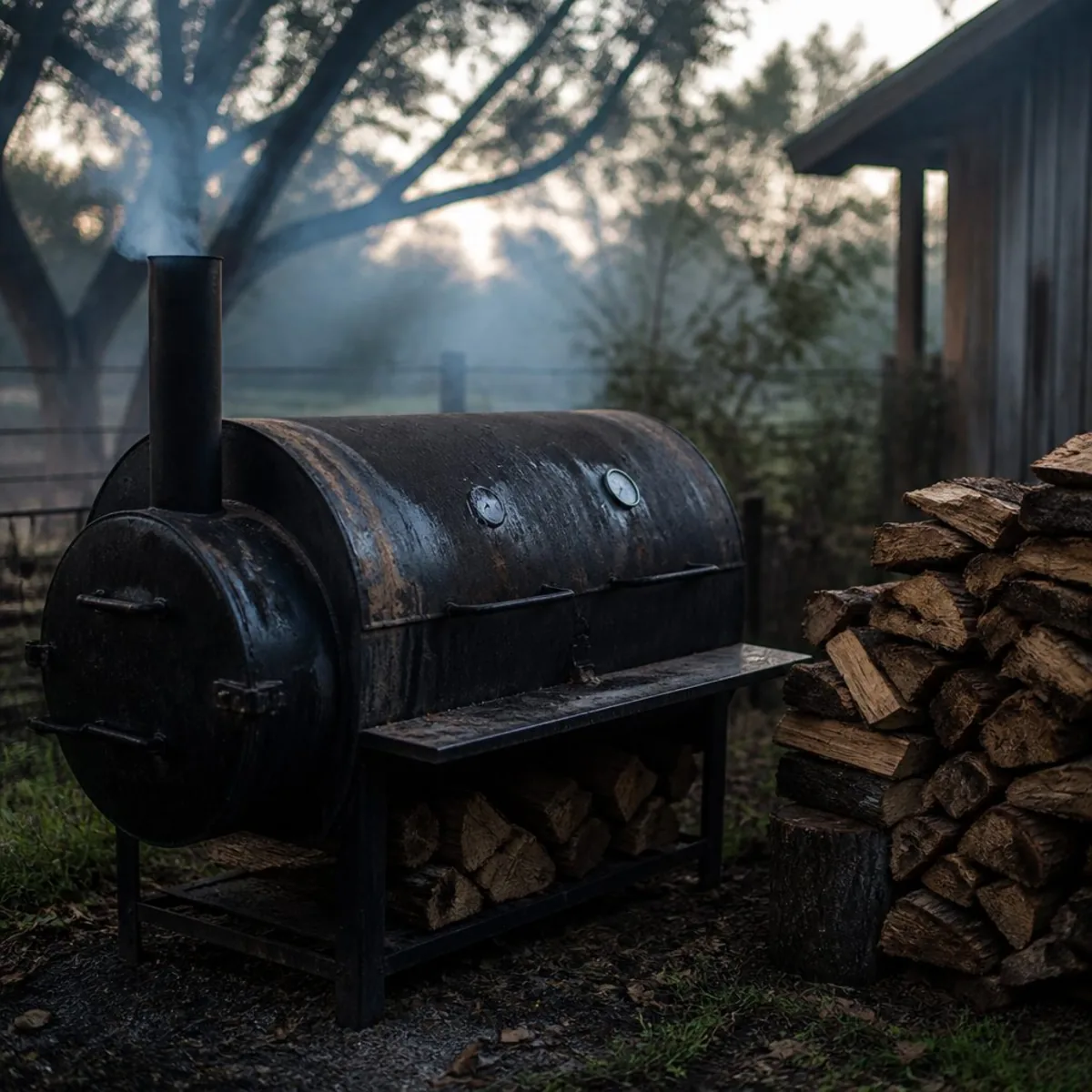 An offset smoker running at dawn beside a stack of split oak